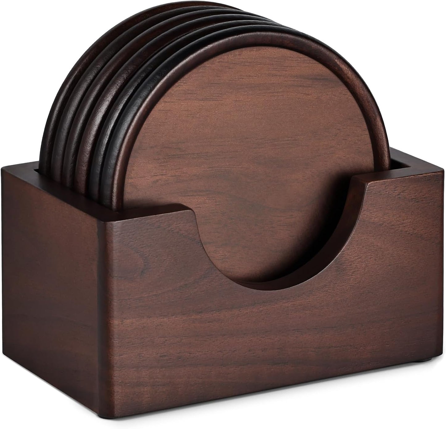 Wood Drink Coasters, GOH DODD 7 Piece 3.6 Inch Coasters Set with Holder, 100% Natural and Organic Dinner Decor Centerpiece for Home Office Table, Walnut