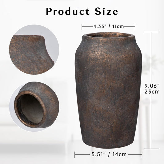 Briful 9.06'' Large Ceramic Rustic Vase Shabby Vintage Textured Vase, 4.33'' Wide Mouth Pampas Vase for Fake Flowers Branches, Farmhouse Home Décor, Weddings Shelf Table Decor, Brown