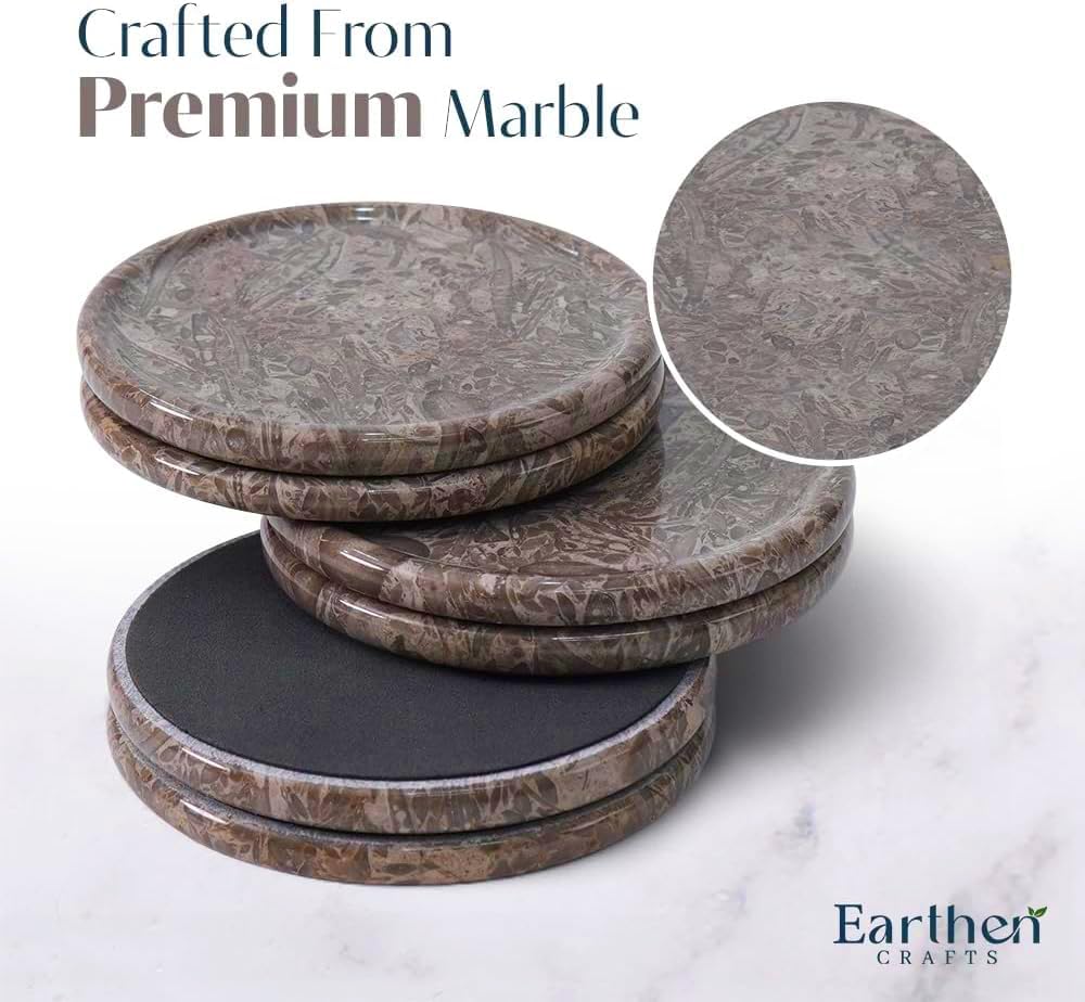 Marble Coasters Set of 6 with Holder Genuine Natural Stone Drink Coasters, 3.5-inch Round, Absorbent-Free Oceanic Marble Coasters for Coffee Table, Bar & Housewarming Gift