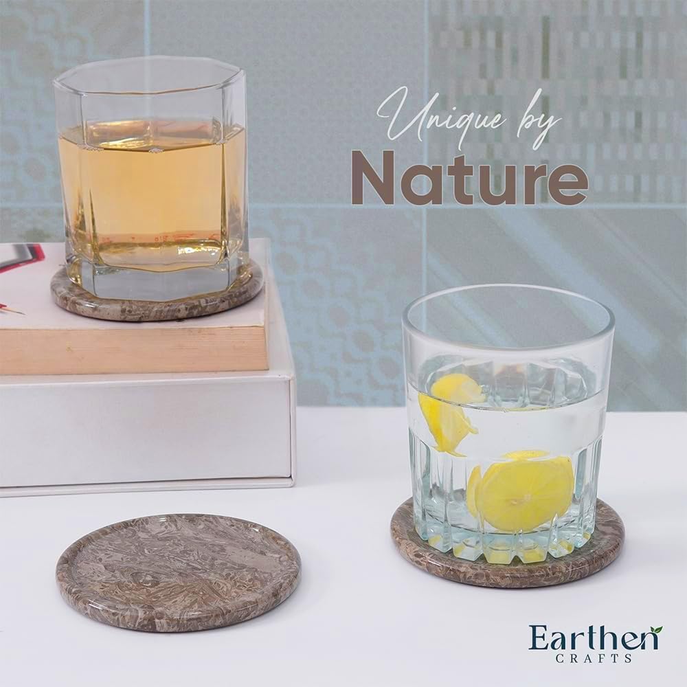Marble Coasters Set of 6 with Holder Genuine Natural Stone Drink Coasters, 3.5-inch Round, Absorbent-Free Oceanic Marble Coasters for Coffee Table, Bar & Housewarming Gift