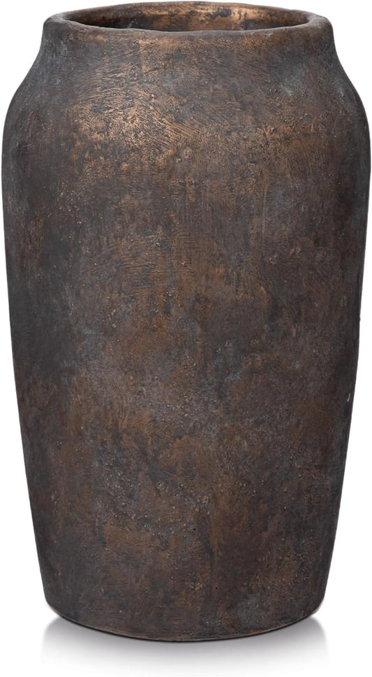 Briful 9.06'' Large Ceramic Rustic Vase Shabby Vintage Textured Vase, 4.33'' Wide Mouth Pampas Vase for Fake Flowers Branches, Farmhouse Home Décor, Weddings Shelf Table Decor, Brown