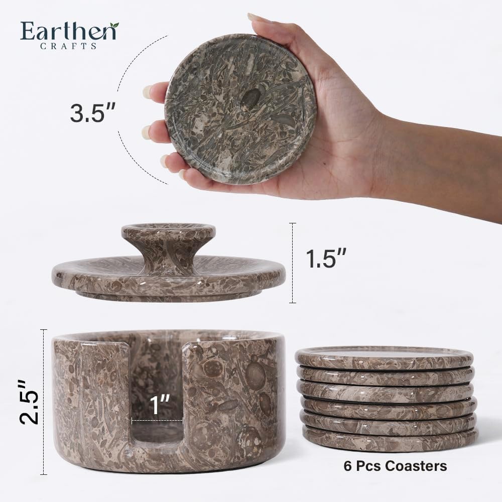 Marble Coasters Set of 6 with Holder Genuine Natural Stone Drink Coasters, 3.5-inch Round, Absorbent-Free Oceanic Marble Coasters for Coffee Table, Bar & Housewarming Gift