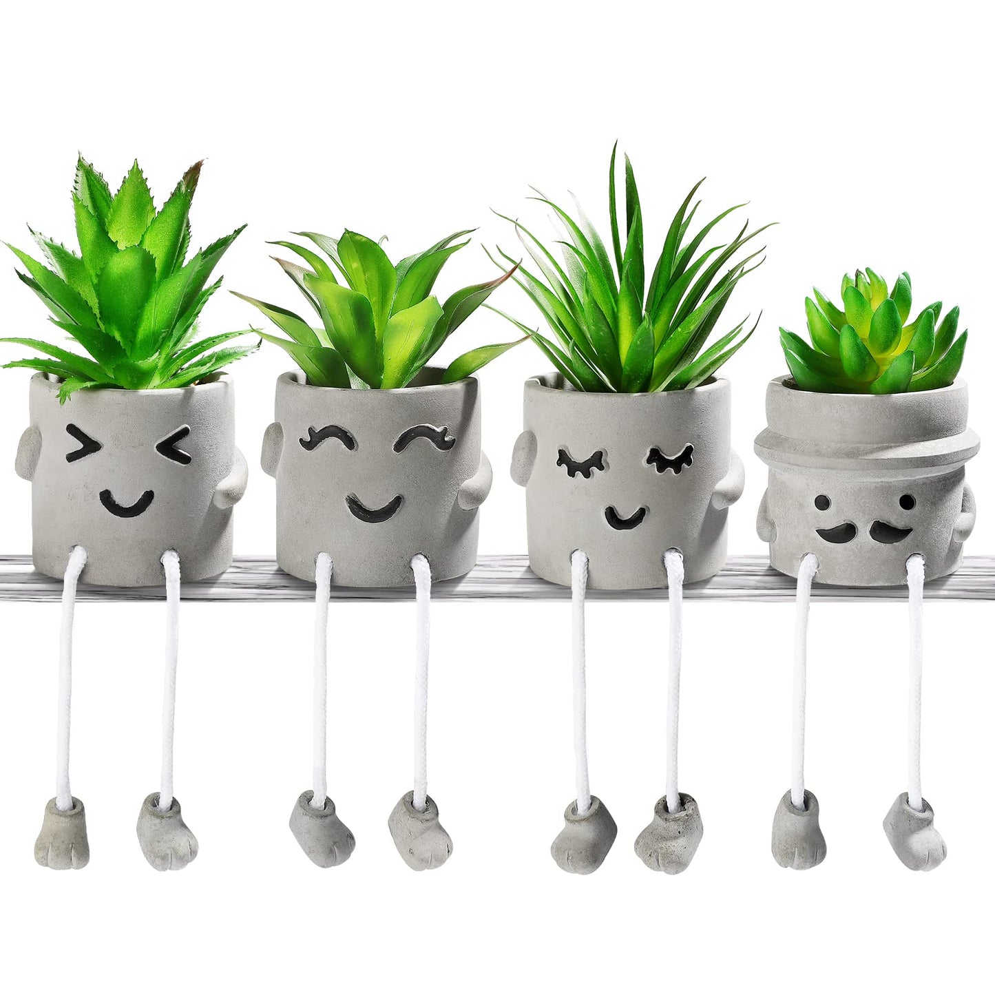 Creative Artificial Succulent Plants in pots - 4 Pieces Mini Fake Plant Faux Succulent Emotional Cement Potted for Home Desk Shelf Kitchen and Office Decor (4 PCS New)
