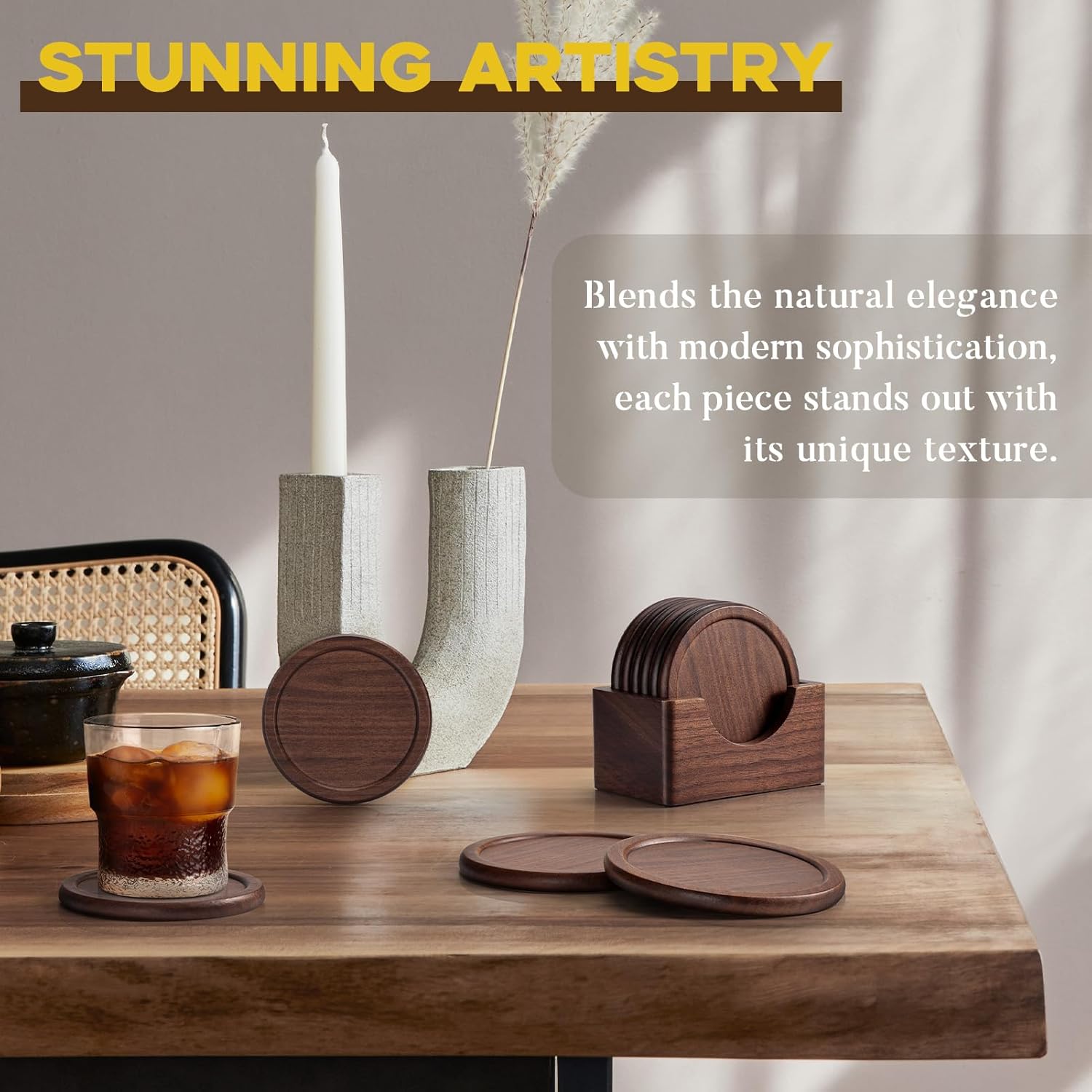 Wood Drink Coasters, GOH DODD 7 Piece 3.6 Inch Coasters Set with Holder, 100% Natural and Organic Dinner Decor Centerpiece for Home Office Table, Walnut