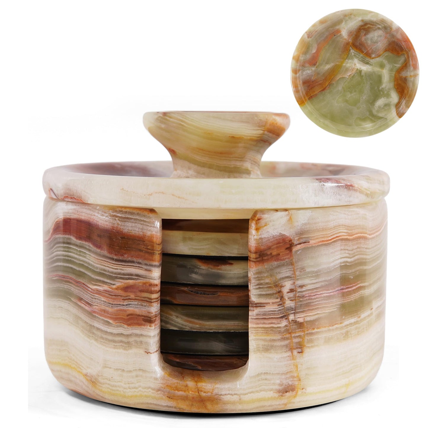 Marble Coasters Set of 6 with Holder Genuine Natural Stone Drink Coasters, 3.5-inch Round, Absorbent-Free Oceanic Marble Coasters for Coffee Table, Bar & Housewarming Gift