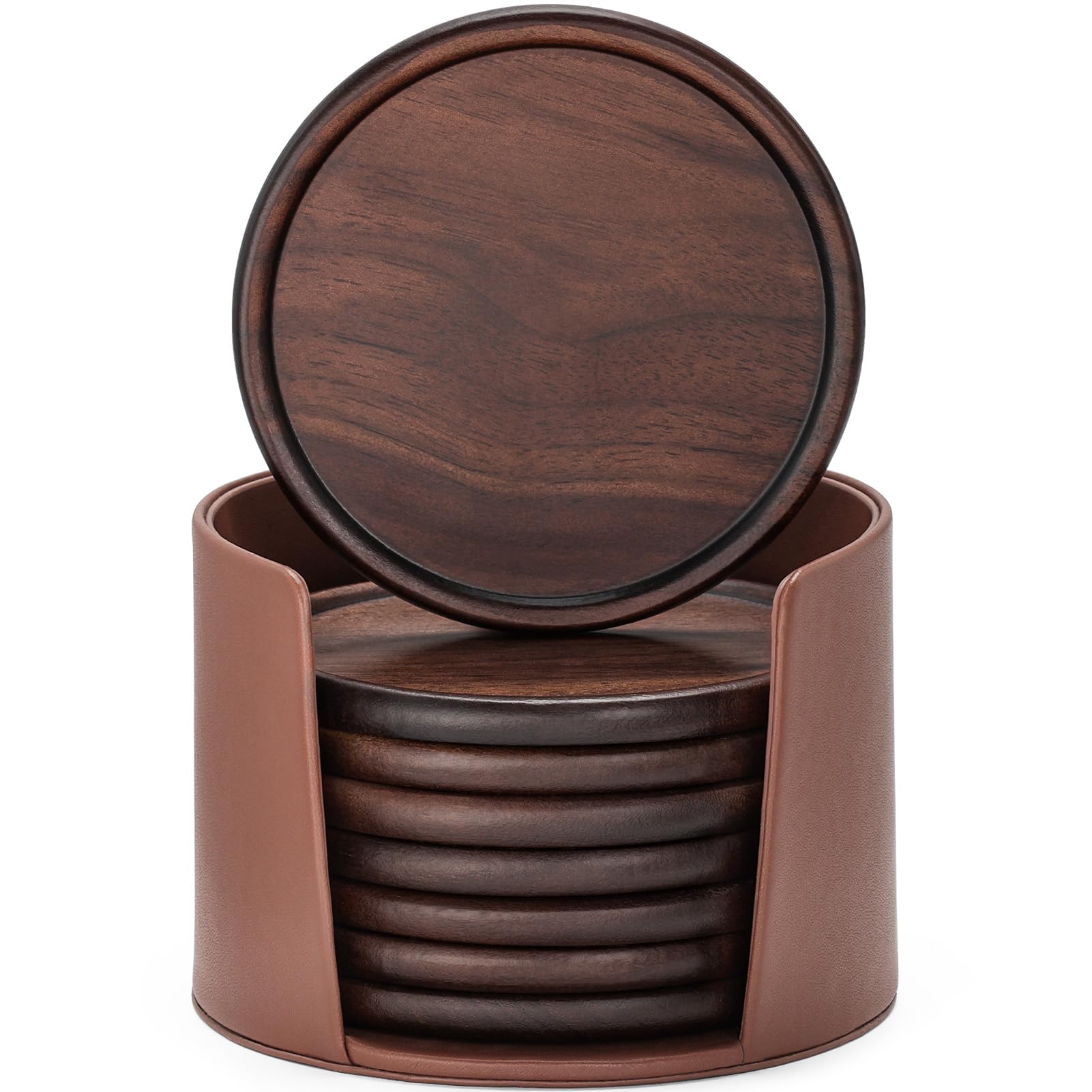 Wood Drink Coasters, GOH DODD 7 Piece 3.6 Inch Coasters Set with Holder, 100% Natural and Organic Dinner Decor Centerpiece for Home Office Table, Walnut