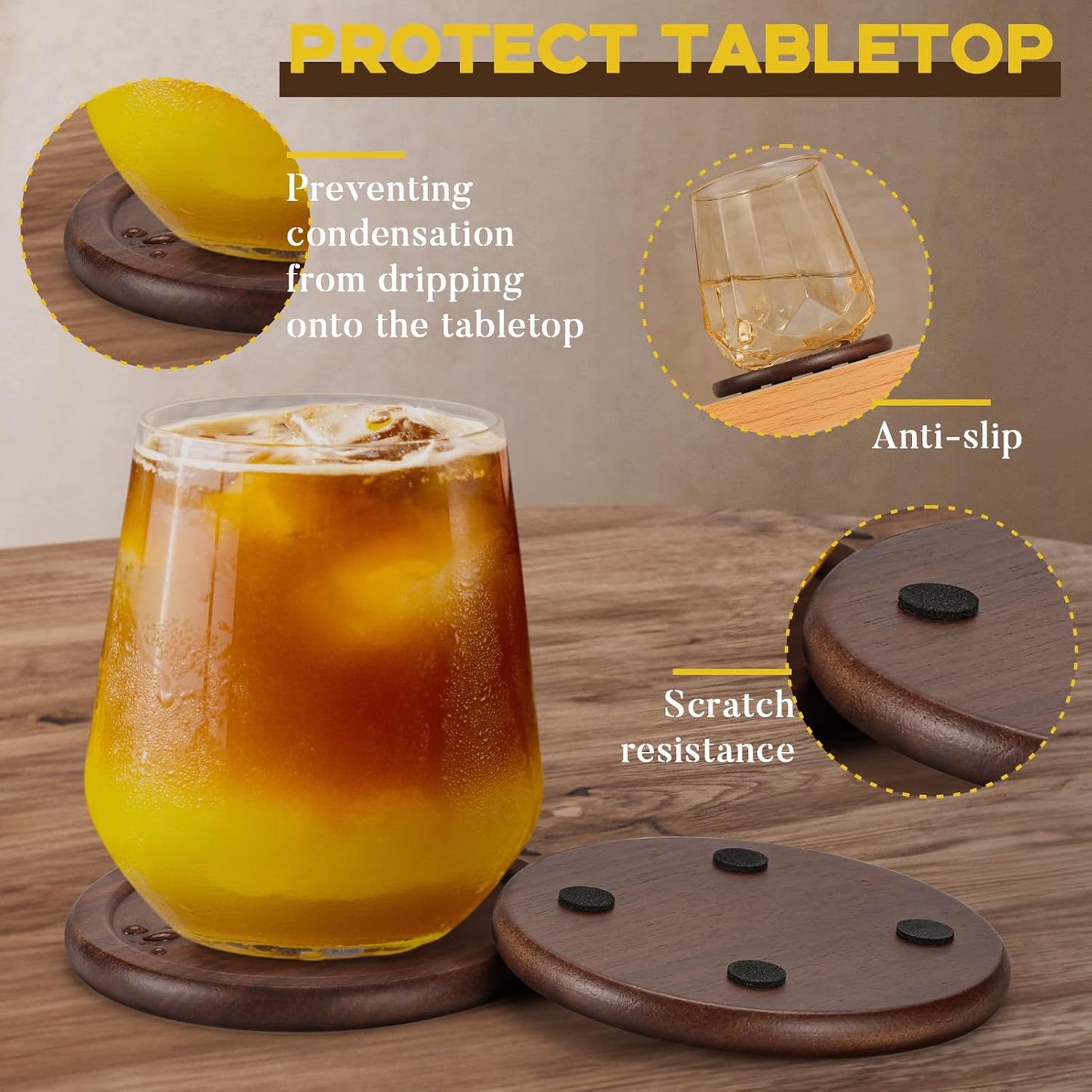 Wood Drink Coasters, GOH DODD 7 Piece 3.6 Inch Coasters Set with Holder, 100% Natural and Organic Dinner Decor Centerpiece for Home Office Table, Walnut