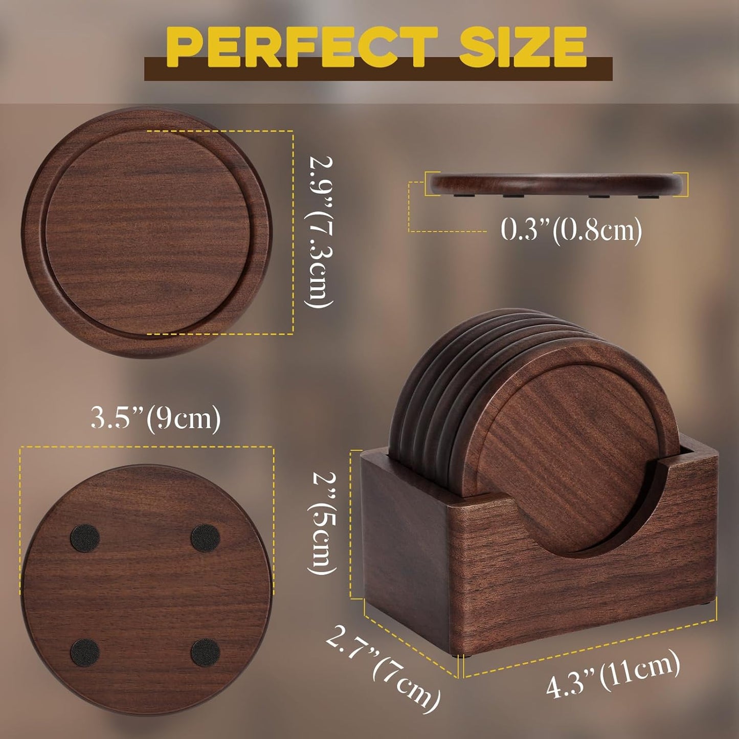 Wood Drink Coasters, GOH DODD 7 Piece 3.6 Inch Coasters Set with Holder, 100% Natural and Organic Dinner Decor Centerpiece for Home Office Table, Walnut