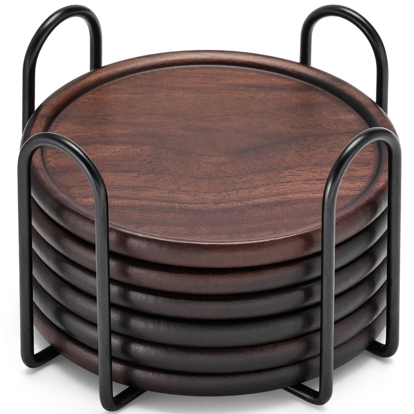 Wood Drink Coasters, GOH DODD 7 Piece 3.6 Inch Coasters Set with Holder, 100% Natural and Organic Dinner Decor Centerpiece for Home Office Table, Walnut