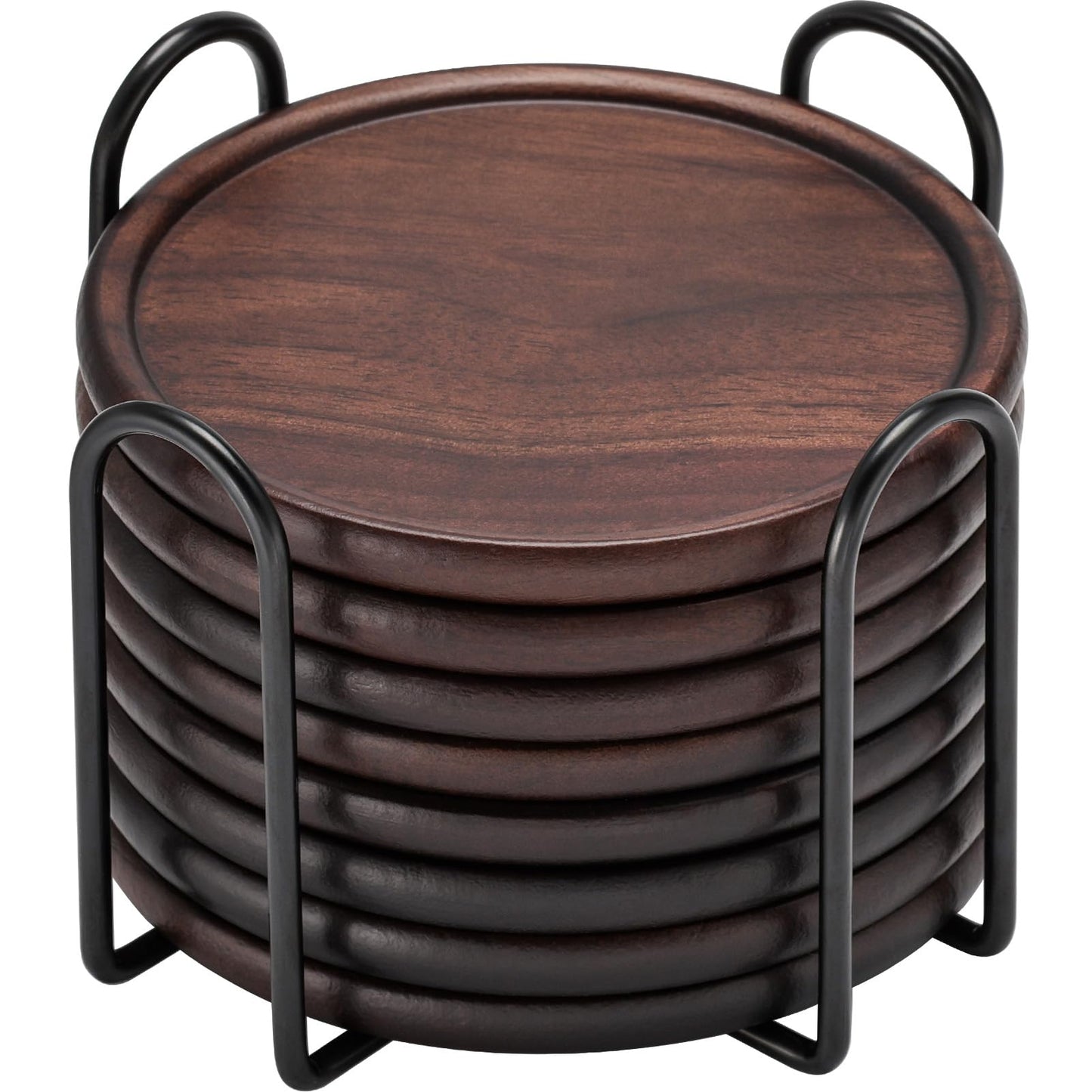 Wood Drink Coasters, GOH DODD 7 Piece 3.6 Inch Coasters Set with Holder, 100% Natural and Organic Dinner Decor Centerpiece for Home Office Table, Walnut