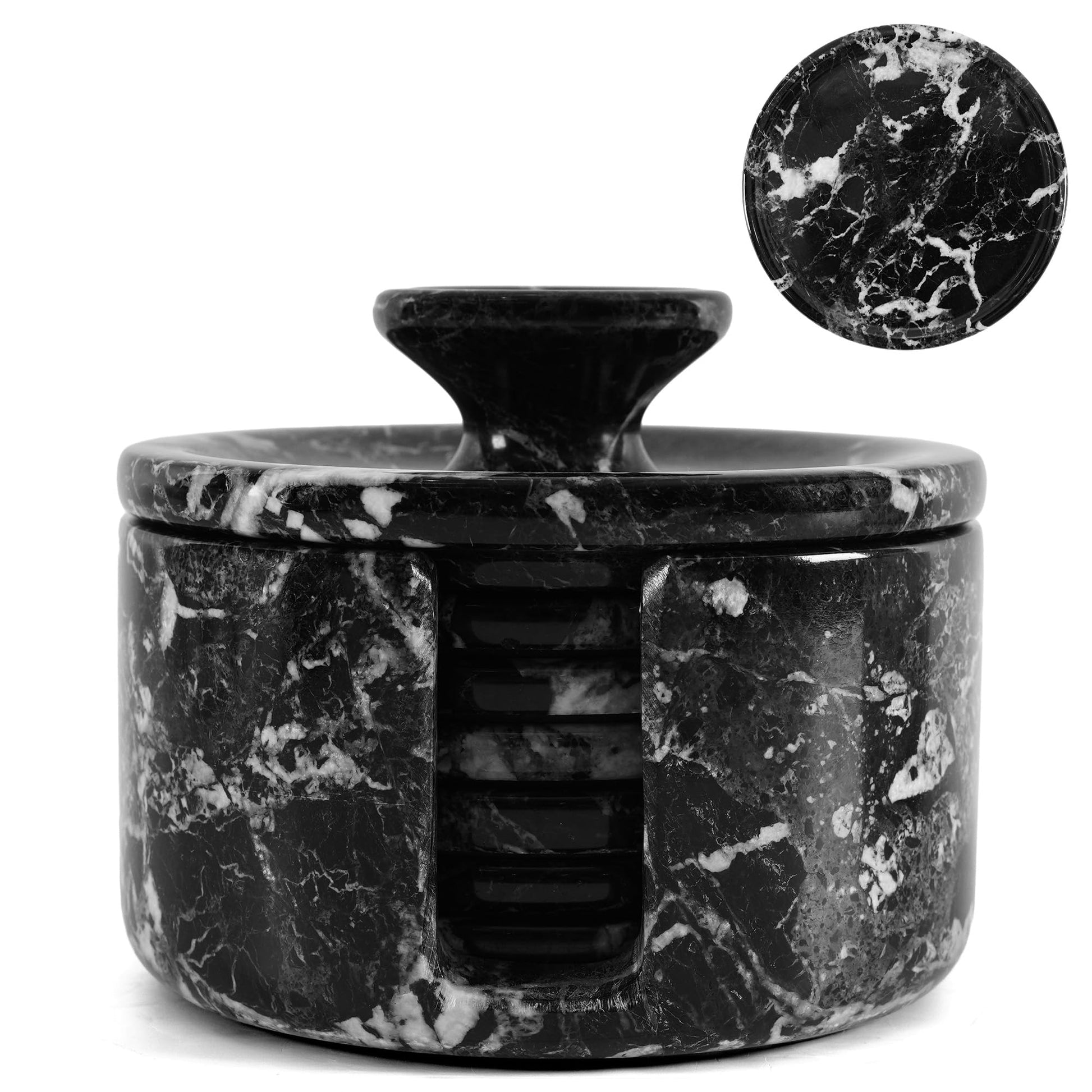 Marble Coasters Set of 6 with Holder Genuine Natural Stone Drink Coasters, 3.5-inch Round, Absorbent-Free Oceanic Marble Coasters for Coffee Table, Bar & Housewarming Gift